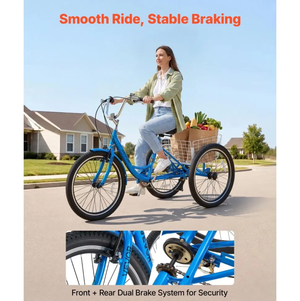 VEVOR Adult Tricycle 26 inch Trike for Adult 3 Wheel Cruiser Bike, with Cargo Basket, Adjustable Seat, and Double-Wall Wheel Rims, Carbon Steel Shopping Picnic Tricycles for Women, Men, Seniors