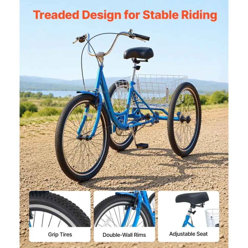 VEVOR Adult Tricycle 26 inch Trike for Adult 3 Wheel Cruiser Bike, with Cargo Basket, Adjustable Seat, and Double-Wall Wheel Rims, Carbon Steel Shopping Picnic Tricycles for Women, Men, Seniors