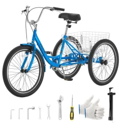 VEVOR Adult Tricycle 24 inch Trike for Adult 3 Wheel Cruiser Bike, with Cargo Basket, Adjustable Seat, and Double-Wall Wheel Rims, Carbon Steel Shopping Picnic Tricycles for Women, Men, Seniors
