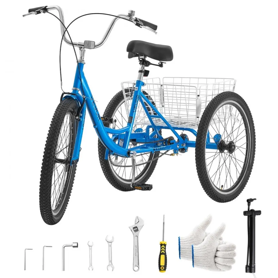 VEVOR Adult Tricycle 24 inch Trike for Adult 3 Wheel Cruiser Bike, with Cargo Basket, Adjustable Seat, and Double-Wall Wheel Rims, Carbon Steel Shopping Picnic Tricycles for Women, Men, Seniors