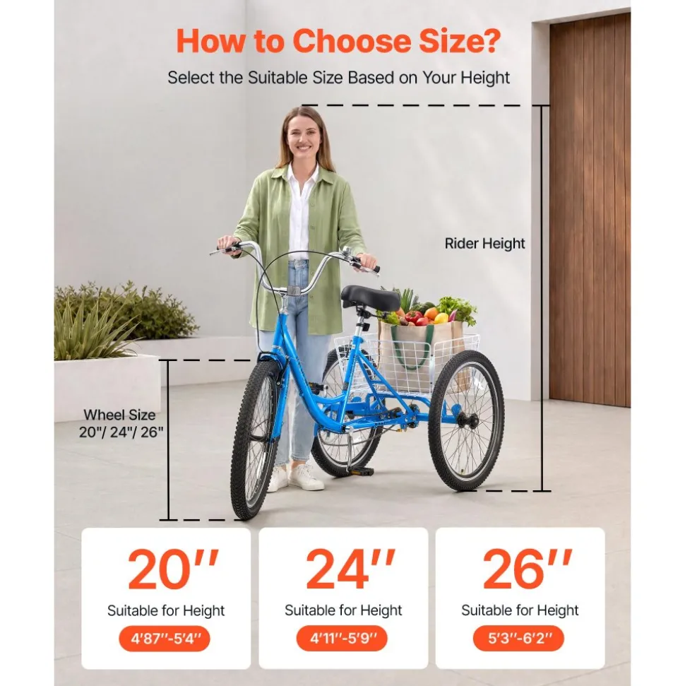 VEVOR Adult Tricycle 24 inch Trike for Adult 3 Wheel Cruiser Bike, with Cargo Basket, Adjustable Seat, and Double-Wall Wheel Rims, Carbon Steel Shopping Picnic Tricycles for Women, Men, Seniors