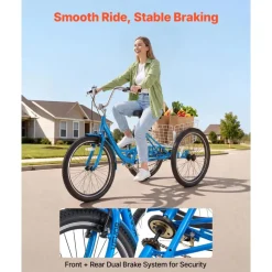 VEVOR Adult Tricycle 24 inch Trike for Adult 3 Wheel Cruiser Bike, with Cargo Basket, Adjustable Seat, and Double-Wall Wheel Rims, Carbon Steel Shopping Picnic Tricycles for Women, Men, Seniors