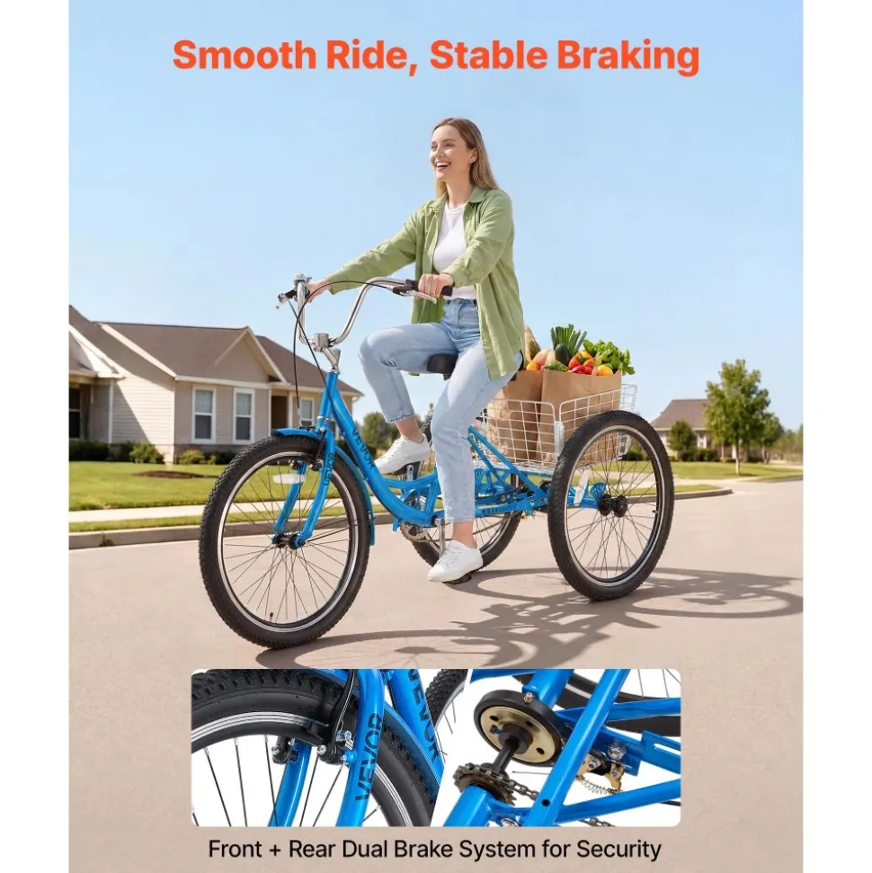 VEVOR Adult Tricycle 24 inch Trike for Adult 3 Wheel Cruiser Bike, with Cargo Basket, Adjustable Seat, and Double-Wall Wheel Rims, Carbon Steel Shopping Picnic Tricycles for Women, Men, Seniors