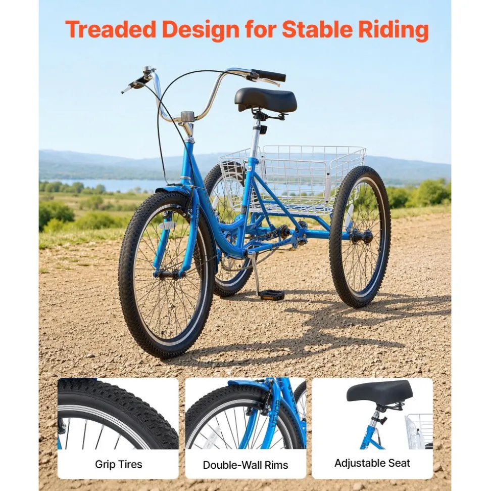 VEVOR Adult Tricycle 24 inch Trike for Adult 3 Wheel Cruiser Bike, with Cargo Basket, Adjustable Seat, and Double-Wall Wheel Rims, Carbon Steel Shopping Picnic Tricycles for Women, Men, Seniors