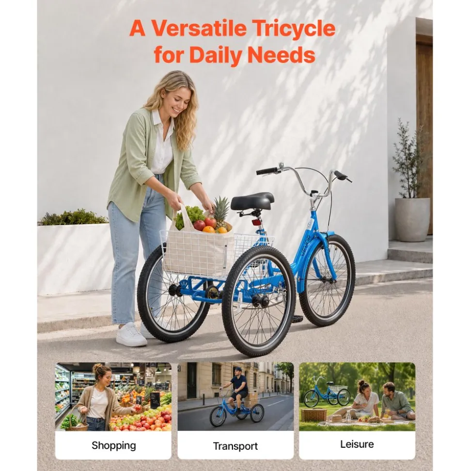 VEVOR Adult Tricycle 24 inch Trike for Adult 3 Wheel Cruiser Bike, with Cargo Basket, Adjustable Seat, and Double-Wall Wheel Rims, Carbon Steel Shopping Picnic Tricycles for Women, Men, Seniors