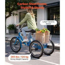 VEVOR Adult Tricycle 20 inch Trike for Adult 3 Wheel Cruiser Bike, with Cargo Basket, Adjustable Seat, and Double-Wall Wheel Rims, Carbon Steel Shopping Picnic Tricycles for Women, Men, Seniors