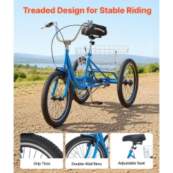 VEVOR Adult Tricycle 20 inch Trike for Adult 3 Wheel Cruiser Bike, with Cargo Basket, Adjustable Seat, and Double-Wall Wheel Rims, Carbon Steel Shopping Picnic Tricycles for Women, Men, Seniors