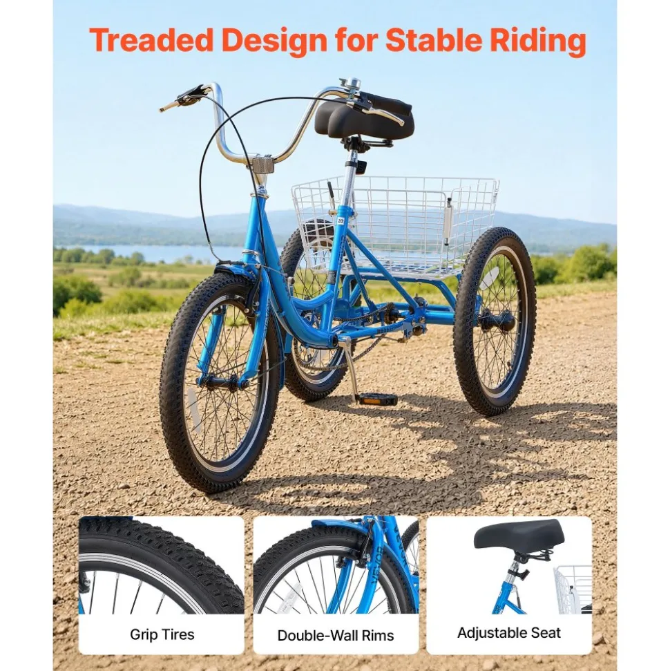 VEVOR Adult Tricycle 20 inch Trike for Adult 3 Wheel Cruiser Bike, with Cargo Basket, Adjustable Seat, and Double-Wall Wheel Rims, Carbon Steel Shopping Picnic Tricycles for Women, Men, Seniors
