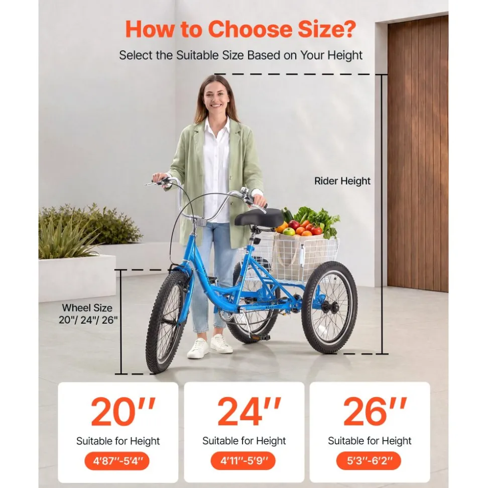 VEVOR Adult Tricycle 20 inch Trike for Adult 3 Wheel Cruiser Bike, with Cargo Basket, Adjustable Seat, and Double-Wall Wheel Rims, Carbon Steel Shopping Picnic Tricycles for Women, Men, Seniors