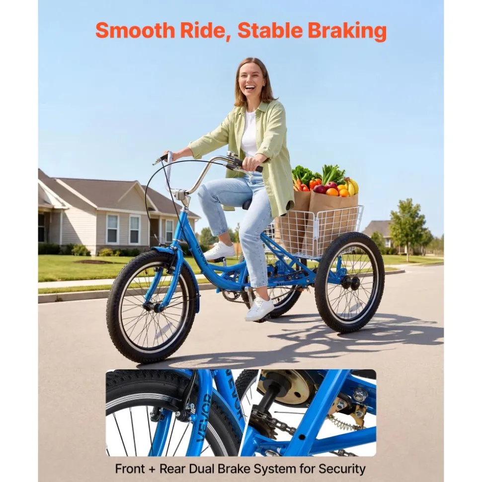 VEVOR Adult Tricycle 20 inch Trike for Adult 3 Wheel Cruiser Bike, with Cargo Basket, Adjustable Seat, and Double-Wall Wheel Rims, Carbon Steel Shopping Picnic Tricycles for Women, Men, Seniors