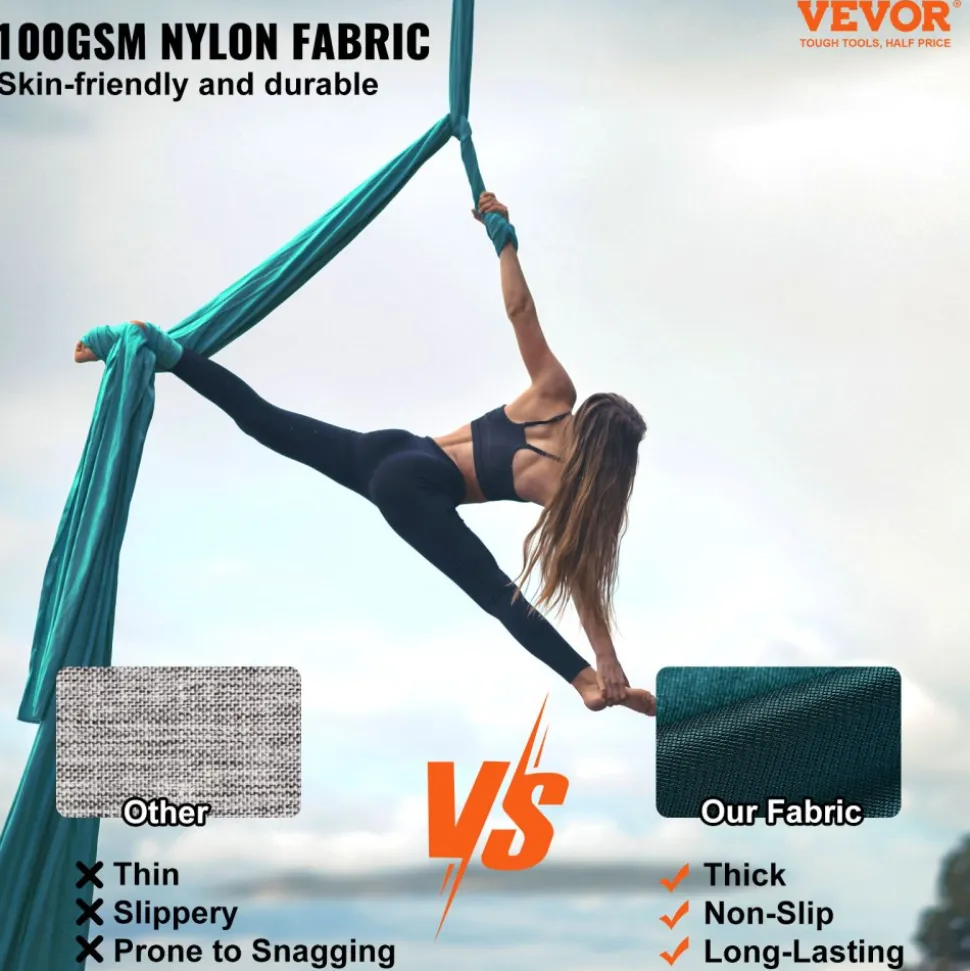VEVOR Aerial Silk & Yoga Swing, 8.7 Yards, Aerial Yoga Hammock Kit with 100gsm Nylon Fabric, Full Rigging Hardware & Easy Set-up Guide, Antigravity Flying for All Levels Fitness Bodybuilding, Green
