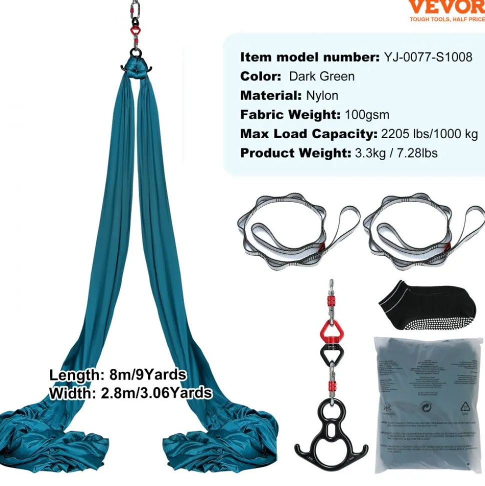 VEVOR Aerial Silk & Yoga Swing, 8.7 Yards, Aerial Yoga Hammock Kit with 100gsm Nylon Fabric, Full Rigging Hardware & Easy Set-up Guide, Antigravity Flying for All Levels Fitness Bodybuilding, Green