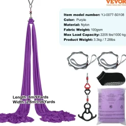 VEVOR Aerial Silk & Yoga Swing, 8.7 Yards, Aerial Yoga Hammock Kit with 100gsm Nylon Fabric, Full Rigging Hardware & Easy Set-up Guide, Antigravity Flying for All Levels Fitness Bodybuilding, Purple