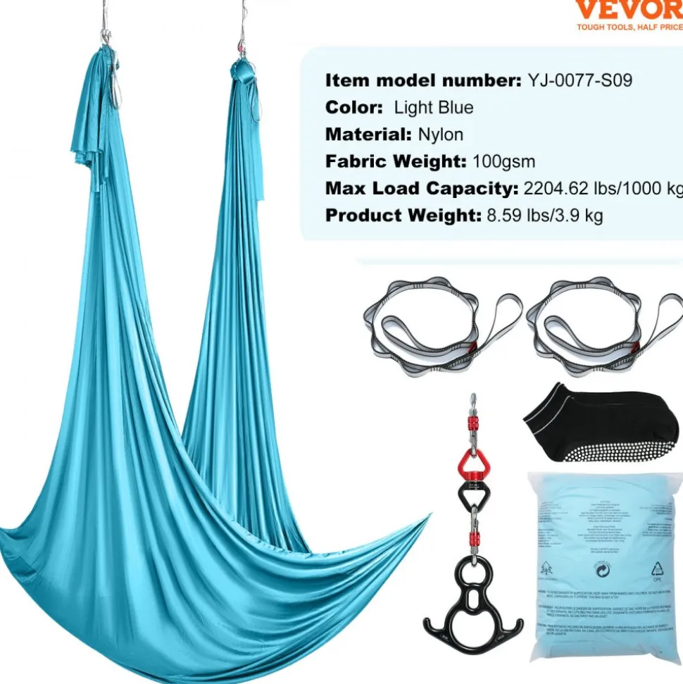 VEVOR Aerial Silk & Yoga Swing, 11 Yards, Aerial Yoga Hammock Kit with 100gsm Nylon Fabric, Full Rigging Hardware & Easy Set-up Guide, Antigravity Flying for All Levels Fitness Bodybuilding, Blue