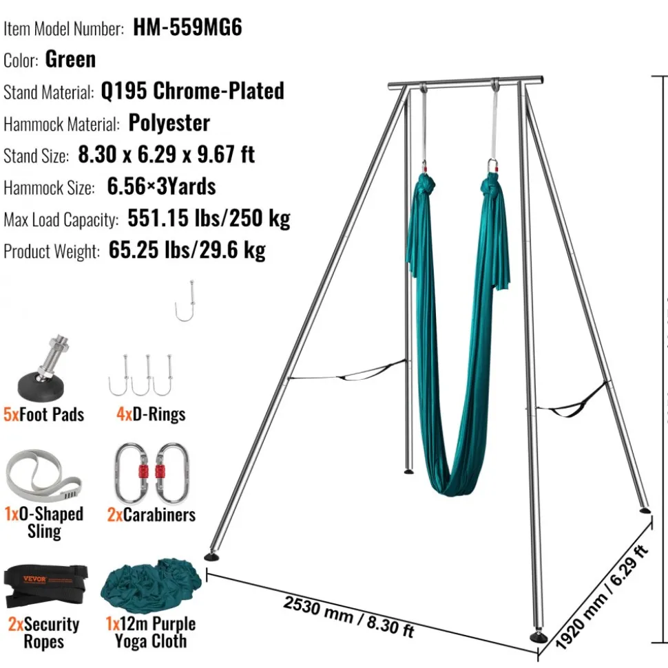 VEVOR Aerial Yoga Frame & Yoga Hammock, 9.67 ft Height Professional Yoga Swing Stand Comes with 6.6 Yards Aerial Hammock, Max 551.15 lbs Load Capacity Yoga Rig for Indoor Outdoor Aerial Yoga, Green
