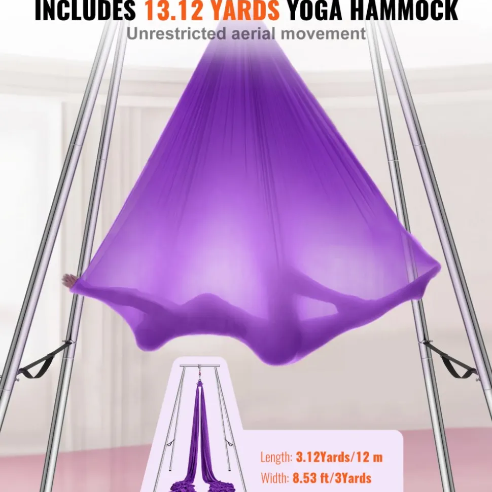 VEVOR Aerial Yoga Frame & Yoga Hammock, 9.67 ft Height Professional Yoga Swing Stand Comes with 13.1 Yards Aerial Hammock, Max 551.15 lbs Load Capacity Yoga Rig for Indoor Outdoor Aerial Yoga, Purple