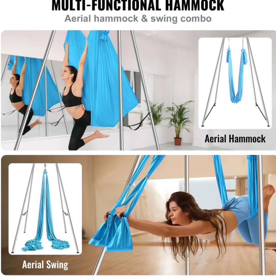 VEVOR Aerial Yoga Frame & Yoga Hammock, 9.67 ft Height Professional Yoga Swing Stand Comes with 13.1 Yards Aerial Hammock, Max 551.15 lbs Load Capacity Yoga Rig for Indoor Outdoor Aerial Yoga, Blue