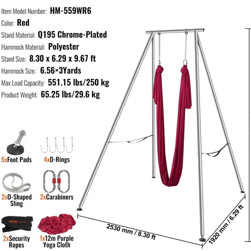 VEVOR Aerial Yoga Frame & Yoga Hammock, 9.67 ft Height Professional Yoga Swing Stand Comes with 6.6 Yards Aerial Hammock, Max 551.15 lbs Load Capacity, Yoga Rig for Indoor Outdoor Aerial Yoga, Red