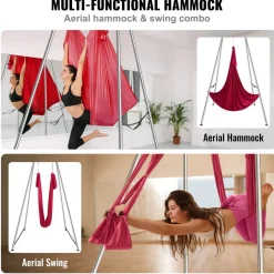 VEVOR Aerial Yoga Frame & Yoga Hammock, 9.67 ft Height Professional Yoga Swing Stand Comes with 6.6 Yards Aerial Hammock, Max 551.15 lbs Load Capacity, Yoga Rig for Indoor Outdoor Aerial Yoga, Red