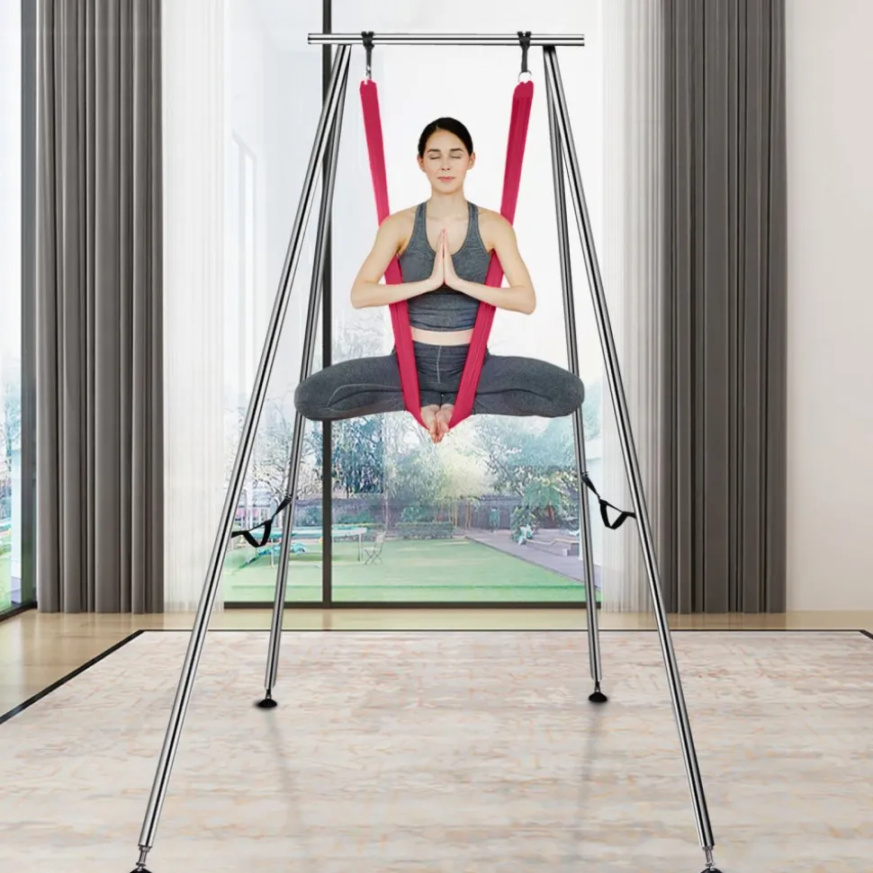 VEVOR Aerial Yoga Frame & Yoga Hammock, 9.67 ft Height Professional Yoga Swing Stand Comes with 6.6 Yards Aerial Hammock, Max 551.15 lbs Load Capacity, Yoga Rig for Indoor Outdoor Aerial Yoga, Red