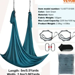 VEVOR Aerial Yoga Hammock & Swing, 5.5 Yards, Aerial Yoga Starter Kit with 100gsm Nylon Fabric, Full Rigging Hardware & Easy Set-up Guide, Antigravity Flying for All Levels Fitness Bodybuilding, Green