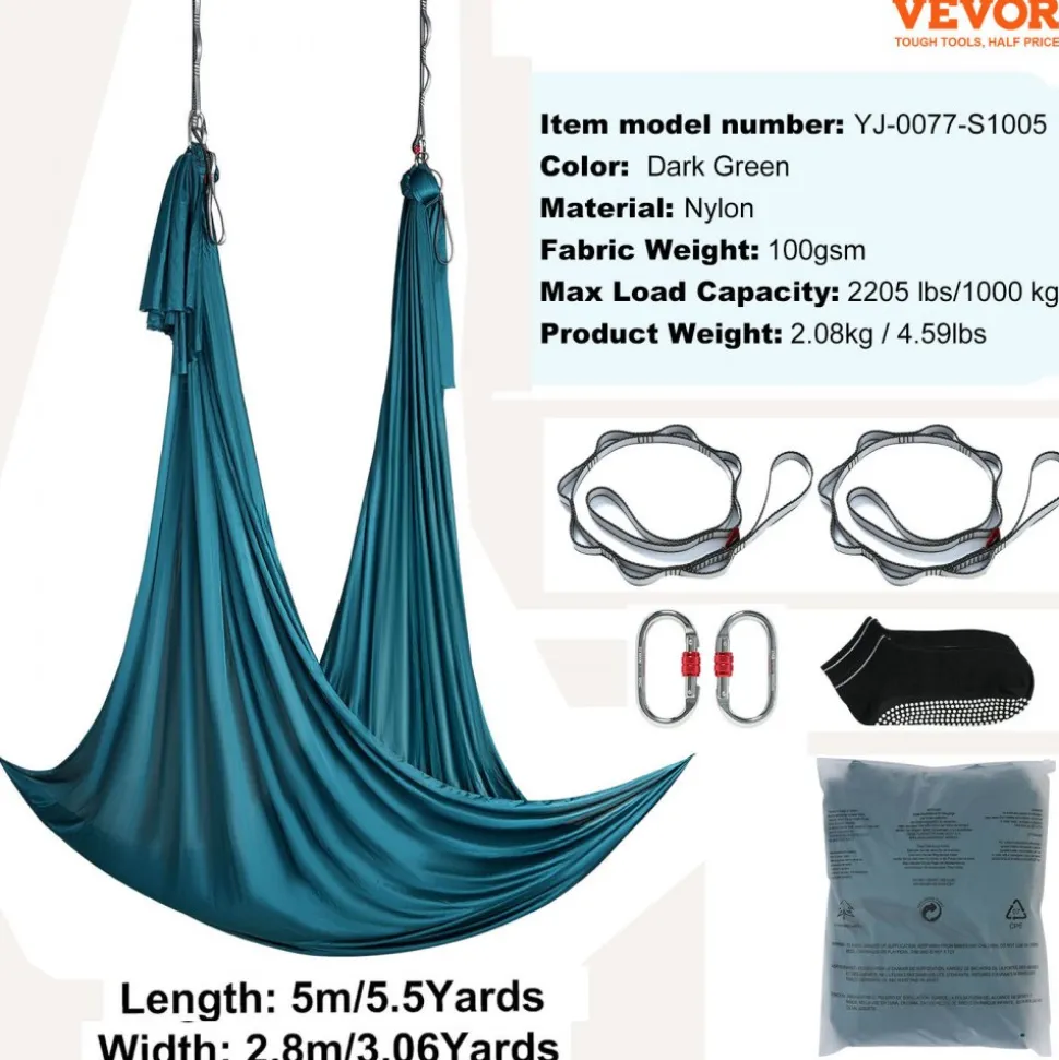 VEVOR Aerial Yoga Hammock & Swing, 5.5 Yards, Aerial Yoga Starter Kit with 100gsm Nylon Fabric, Full Rigging Hardware & Easy Set-up Guide, Antigravity Flying for All Levels Fitness Bodybuilding, Green