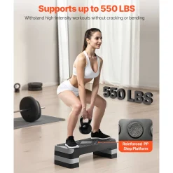 VEVOR Aerobic Exercise Step Platform, 28-Inch Workout Aerobic Stepper, Height Adjustable Fitness Training Step Deck Trainer with 4 Risers, Non-Slip Surface Bench for Home Gym Cardio Strength, Blue