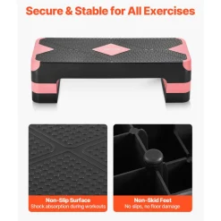 VEVOR Aerobic Exercise Step Platform, 28-Inch Workout Aerobic Stepper, Height Adjustable Fitness Training Step Deck Trainer with 4 Risers, Non-Slip Surface Bench for Home Gym Cardio Strength, Red
