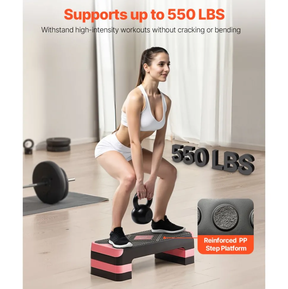 VEVOR Aerobic Exercise Step Platform, 28-Inch Workout Aerobic Stepper, Height Adjustable Fitness Training Step Deck Trainer with 4 Risers, Non-Slip Surface Bench for Home Gym Cardio Strength, Red
