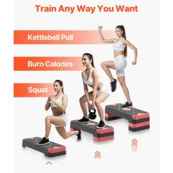 VEVOR Aerobic Exercise Step Platform, 28-Inch Workout Aerobic Stepper, Height Adjustable Fitness Training Step Deck Trainer with 4 Risers, Non-Slip Surface Bench for Home Gym Cardio Strength, Red