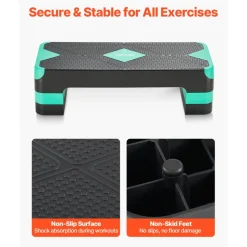 VEVOR Aerobic Exercise Step Platform, 28-Inch Workout Aerobic Stepper, Height Adjustable Fitness Training Step Deck Trainer with 4 Risers, Non-Slip Surface Bench for Home Gym Cardio Strength, Green