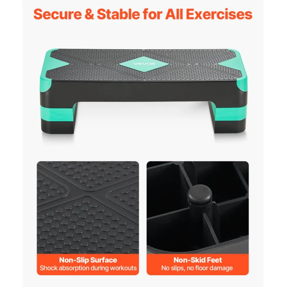 VEVOR Aerobic Exercise Step Platform, 28-Inch Workout Aerobic Stepper, Height Adjustable Fitness Training Step Deck Trainer with 4 Risers, Non-Slip Surface Bench for Home Gym Cardio Strength, Green