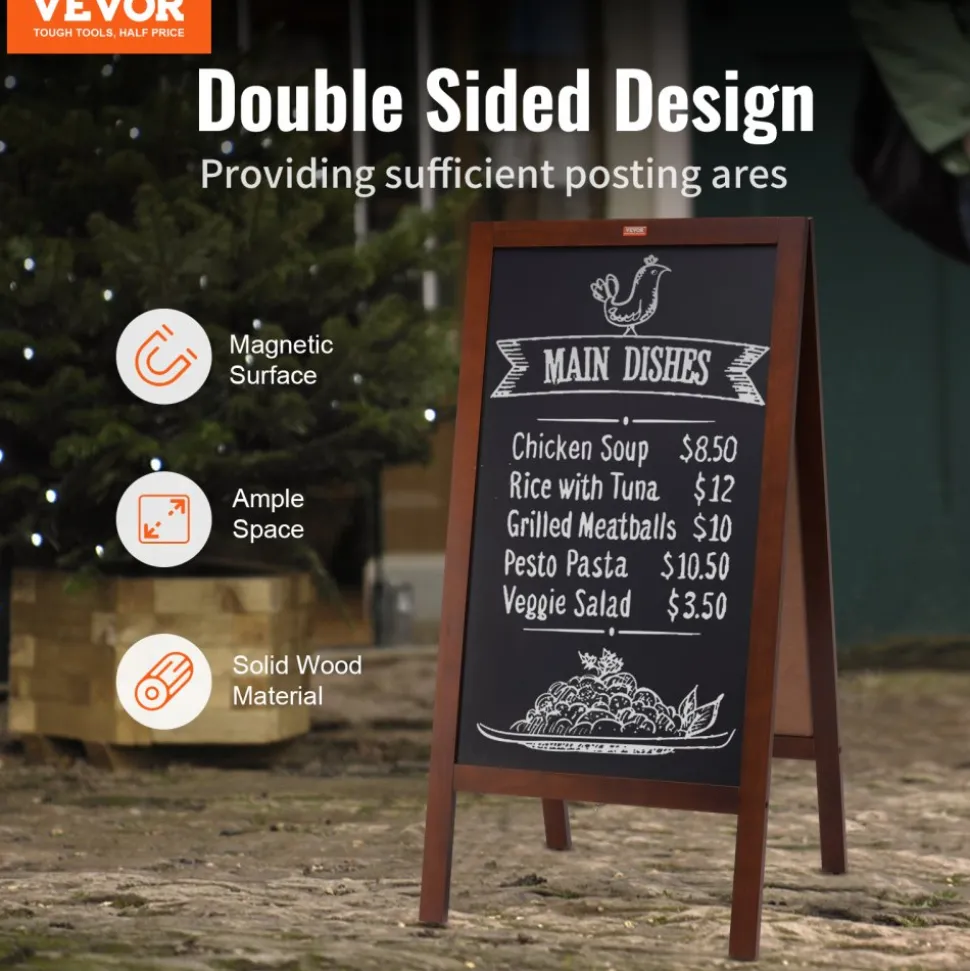 VEVOR A Frame Chalkboard Sign, Double-Sided Sidewalk Signs, Freestanding Vintage Wooden Chalk Board with Chalks & Magnetic Eraser, Rustic Brown Outdoor Sandwich Board, 20"x40", Kitchen Home Wedding