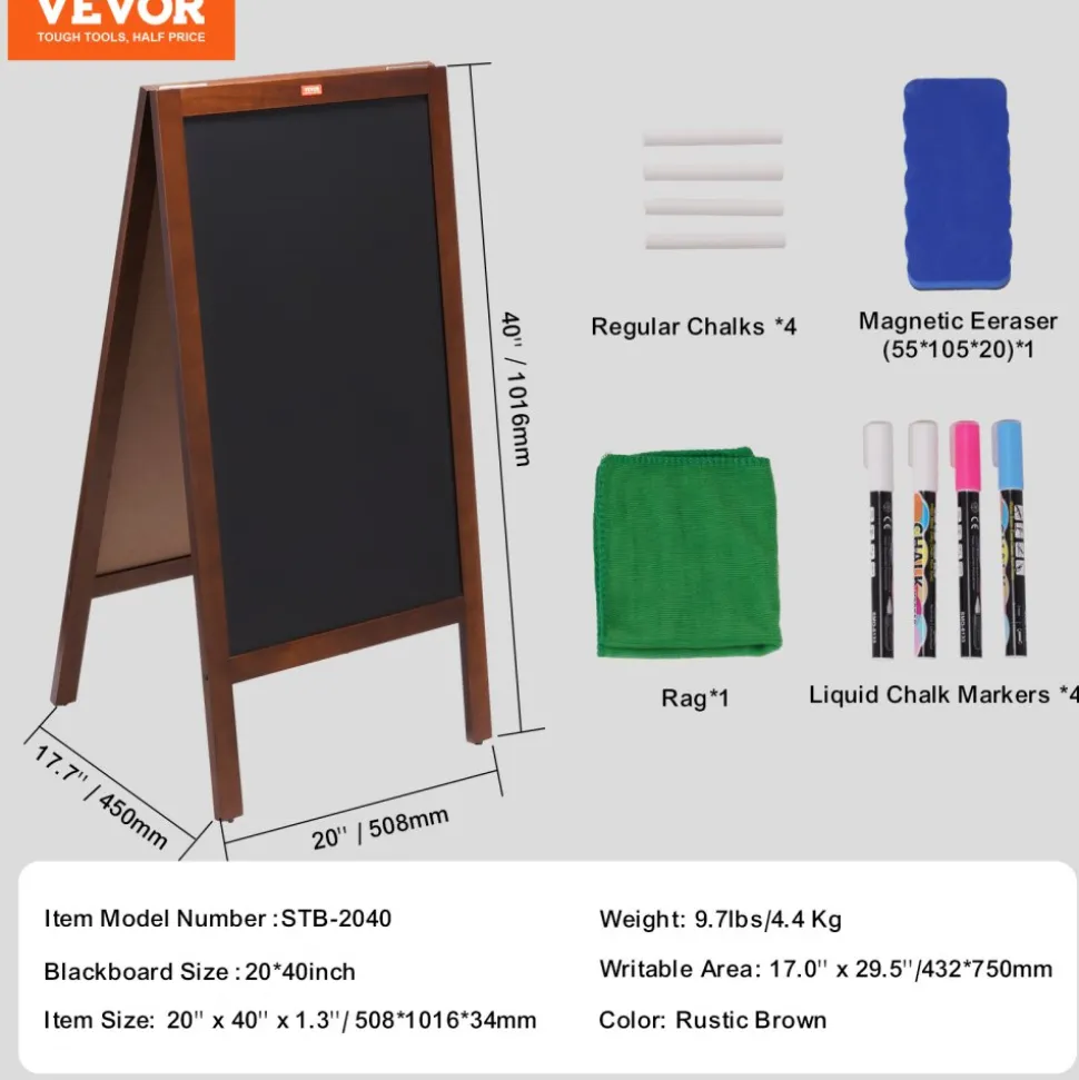 VEVOR A Frame Chalkboard Sign, Double-Sided Sidewalk Signs, Freestanding Vintage Wooden Chalk Board with Chalks & Magnetic Eraser, Rustic Brown Outdoor Sandwich Board, 20"x40", Kitchen Home Wedding