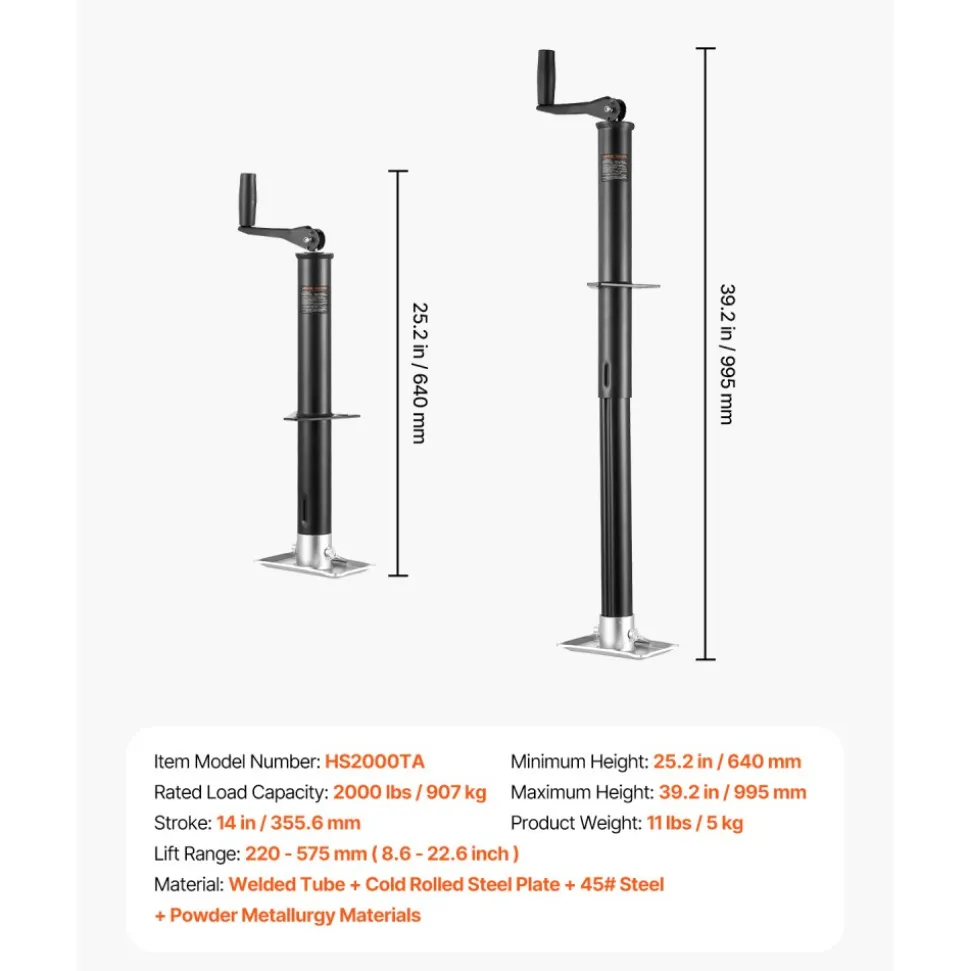 VEVOR A-Frame Trailer Jack, 2000 lbs Dynamic Load Capacity, Trailer Jack Stand with Handle & Rectangular Footpad, 15-inch Vertical Travel, Suitable for RV, Horse, Utility Trailers, Yacht Trailers