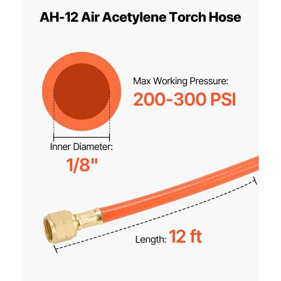 VEVOR Air Acetylene Torch Hose, 1/8-Inch x 12FT Acetylene Welding Hose with 9/16" LH B-Type Fittings, AH-12 R Grade Welding Torch Hoses Compatible with AR-B/AR-MC Regulators