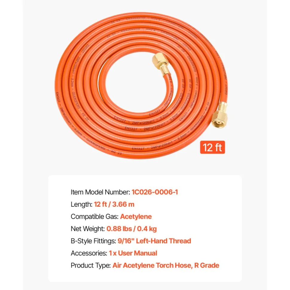 VEVOR Air Acetylene Torch Hose, 1/8-Inch x 12FT Acetylene Welding Hose with 9/16" LH B-Type Fittings, AH-12 R Grade Welding Torch Hoses Compatible with AR-B/AR-MC Regulators