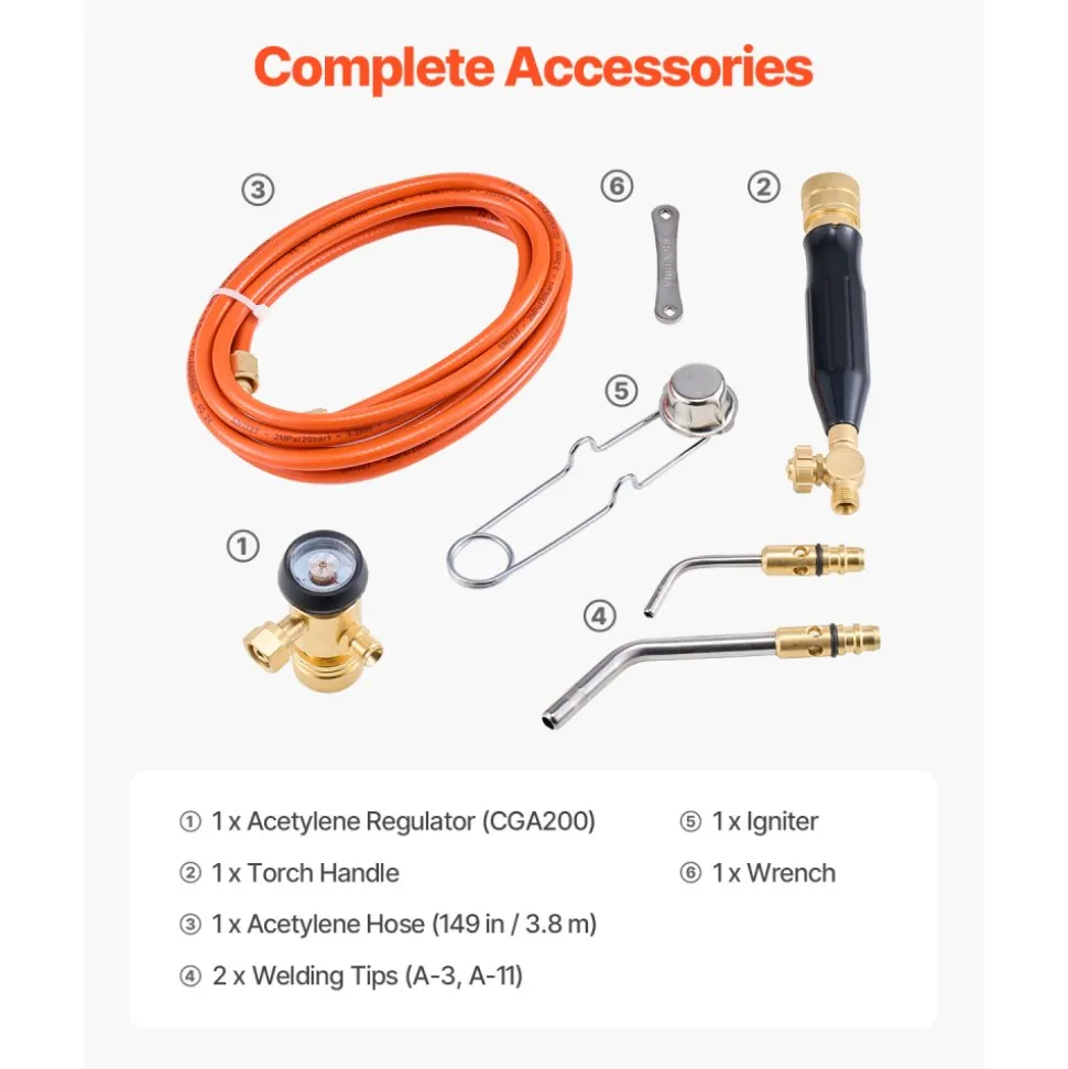 VEVOR Air Acetylene Torch Kit, Acetylene Gas Welding Tool with 149'' Hose, 2 Welding Tips, CGA200 Regulator & Torch Handle, Gas Brazing Welder for Home DIY Industrial Sites (without Gas Cylinder)