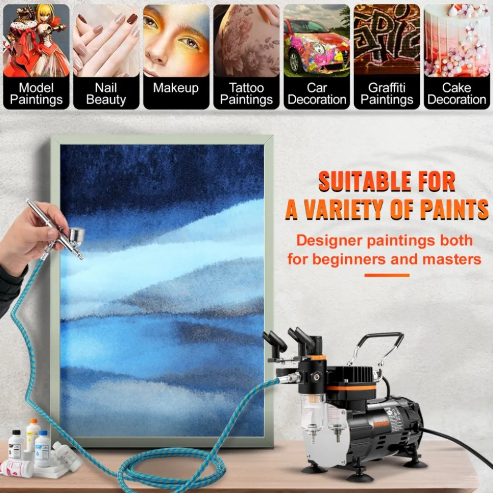 VEVOR Airbrush Ensemble, Expert Airbrush Kit with Compressor, Multi-Use Dual-Action Gravity Feed Airbrush System for Art, Nails, Cookies, Tattoos