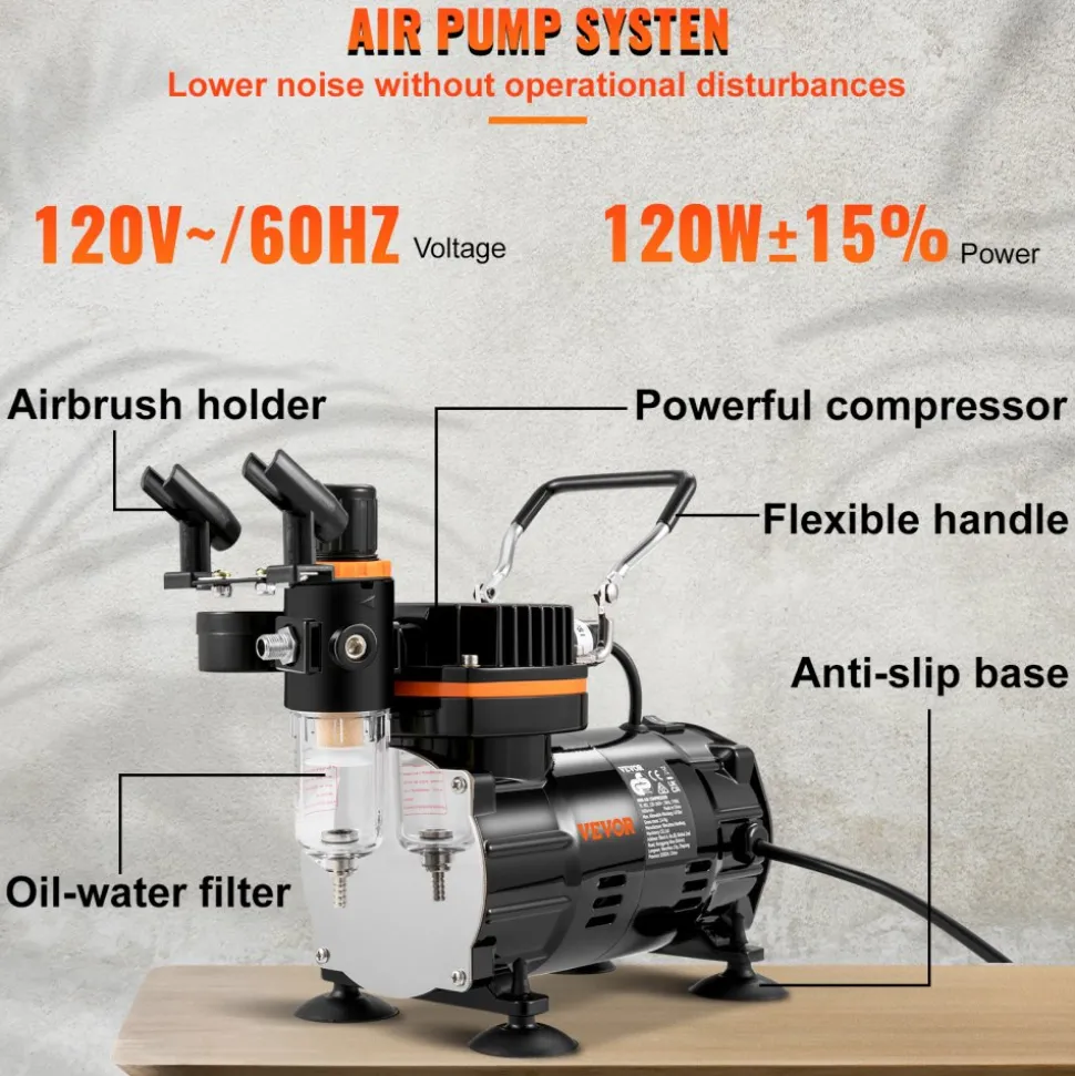 VEVOR Airbrush Ensemble, Expert Airbrush Kit with Compressor, Multi-Use Dual-Action Gravity Feed Airbrush System for Art, Nails, Cookies, Tattoos