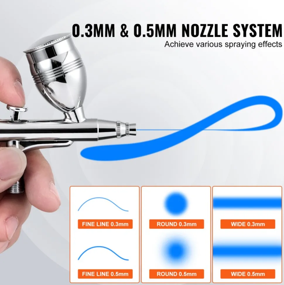 VEVOR Airbrush Gun, Dual Action Gravity Feed with 0.3 mm and 0.5 mm Nozzles, Airbrush Kit with 2/7/12ml Copper Cups and Cleaning Accessories, Ideal for Painting Models, Desserts, Cakes, and Nail Art