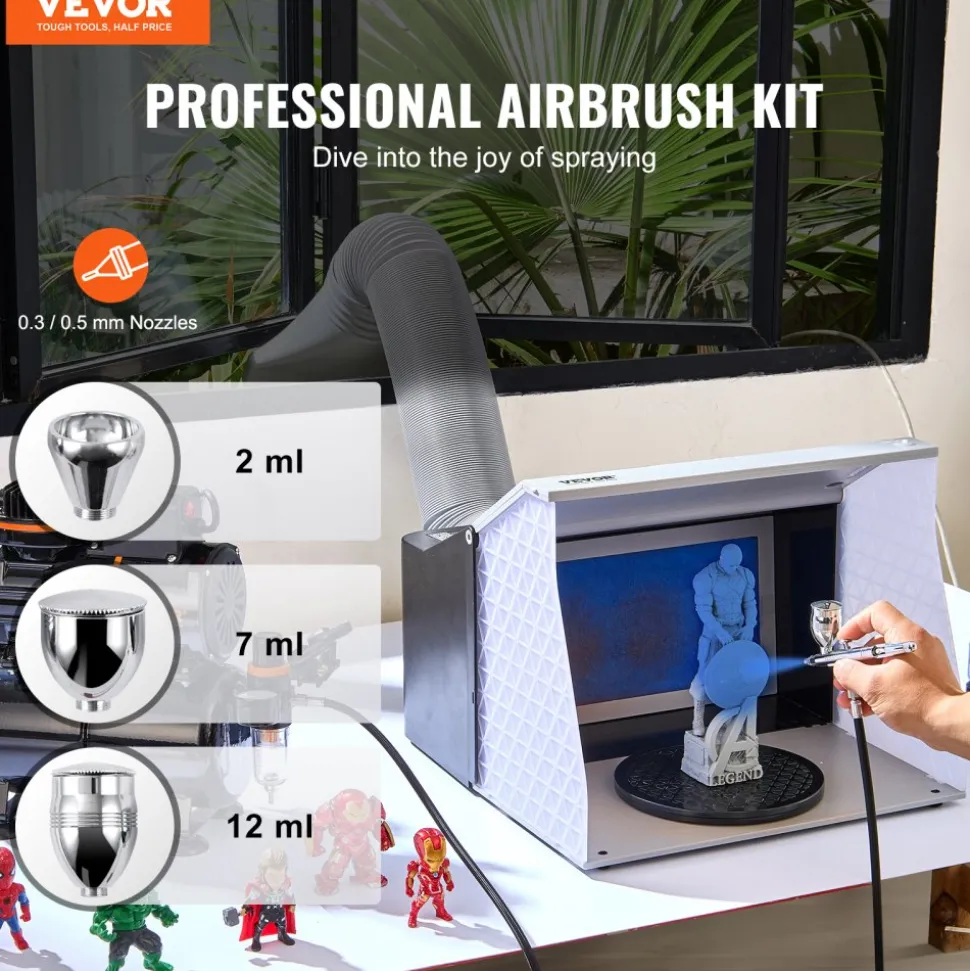 VEVOR Airbrush Gun, Dual Action Gravity Feed with 0.3 mm and 0.5 mm Nozzles, Airbrush Kit with 2/7/12ml Copper Cups and Cleaning Accessories, Ideal for Painting Models, Desserts, Cakes, and Nail Art
