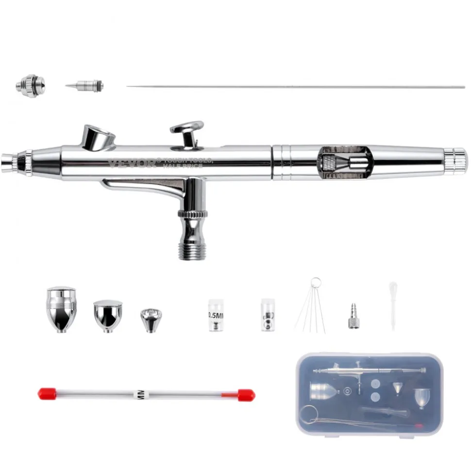 VEVOR Airbrush Gun, Dual Action Gravity Feed with 0.3 mm and 0.5 mm Nozzles, Airbrush Kit with 2/7/12ml Copper Cups and Cleaning Accessories, Ideal for Painting Models, Desserts, Cakes, and Nail Art