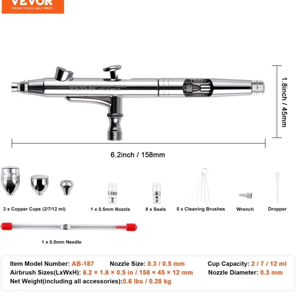VEVOR Airbrush Gun, Dual Action Gravity Feed with 0.3 mm and 0.5 mm Nozzles, Airbrush Kit with 2/7/12ml Copper Cups and Cleaning Accessories, Ideal for Painting Models, Desserts, Cakes, and Nail Art