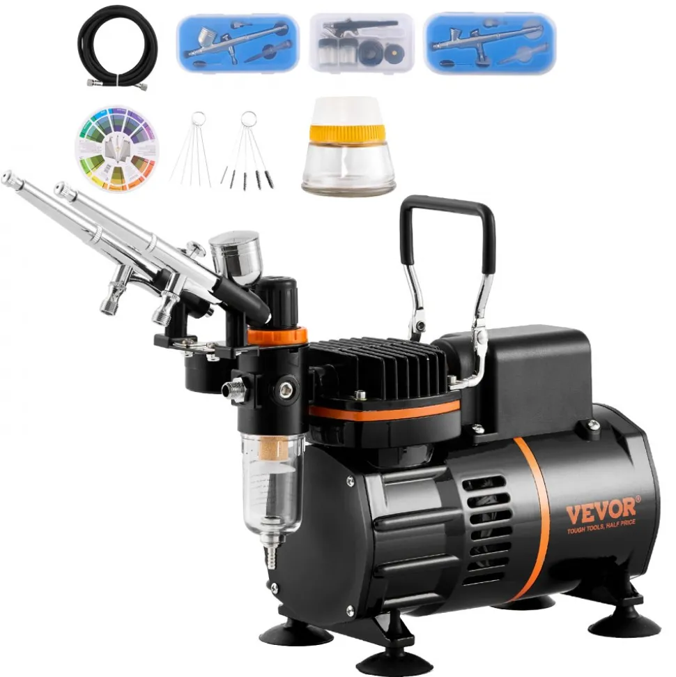 VEVOR Airbrush Kit, Dual Fan Air Compressor Professional Airbrushing System Kit with 3 Airbrushes, Holder, Color Mixing Wheel, Cleaning Brush Set, Air Brush Set for Art Nail Cookie Tattoo Makeup Cake