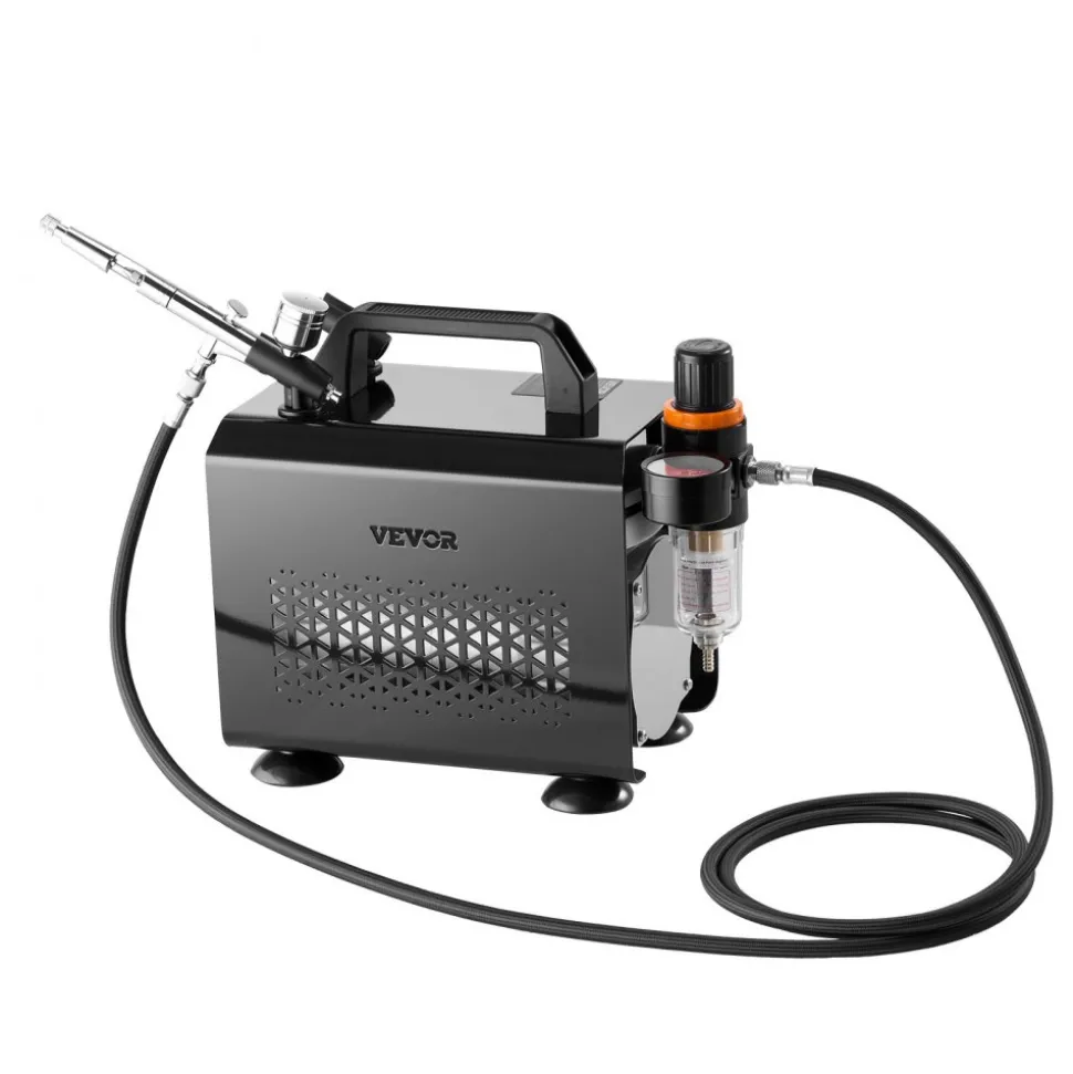 VEVOR Airbrush Kit, 1/6 HP, Air Brush Kit with Air Compressor and Tank, 3 Dual-Action Professional Airbrushes with 3 Tips, Hose, Acrylic Paint, 2 Fans, for Cake Decorating, Model Painting, Nail Art