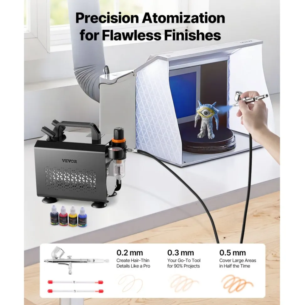 VEVOR Airbrush Kit, 1/6 HP, Air Brush Kit with Air Compressor and Tank, 3 Dual-Action Professional Airbrushes with 3 Tips, Hose, Acrylic Paint, 2 Fans, for Cake Decorating, Model Painting, Nail Art