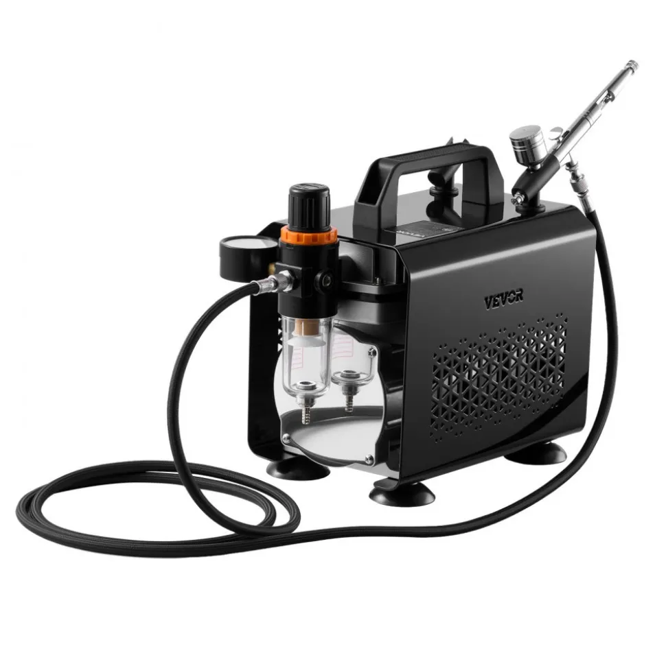 VEVOR Airbrush Kit, 1/6 HP, Air Brush Kit with Air Compressor and Tank, 3 Dual-Action Professional Airbrushes with 3 Tips, Hose, Acrylic Paint, 2 Fans, for Cake Decorating, Model Painting, Nail Art