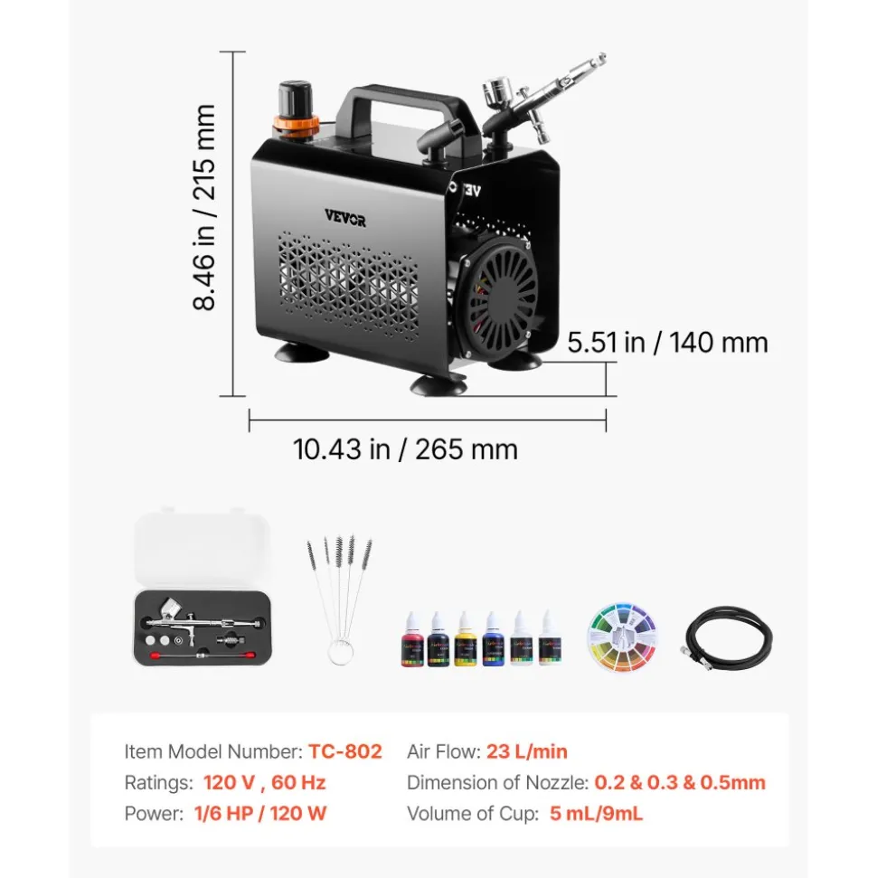 VEVOR Airbrush Kit, 1/6 HP, Air Brush Kit with Air Compressor and Tank, 3 Dual-Action Professional Airbrushes with 3 Tips, Hose, Acrylic Paint, 2 Fans, for Cake Decorating, Model Painting, Nail Art