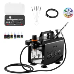VEVOR Airbrush Kit, 1/6 HP, Air Brush Kit with Air Compressor and Tank, 3 Dual-Action Professional Airbrushes with 3 Tips, Hose, Acrylic Paint, 2 Fans, for Cake Decorating, Model Painting, Nail Art